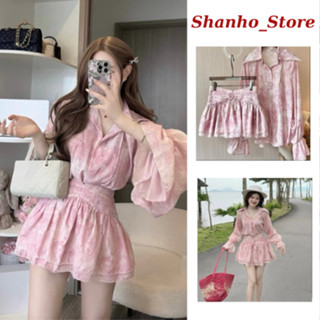  Sét Váy Màu Hồng Loang Gồm Áo Sơ Mi Tay Bồng Xoè + Chân Váy 2 Tầng  LA136  