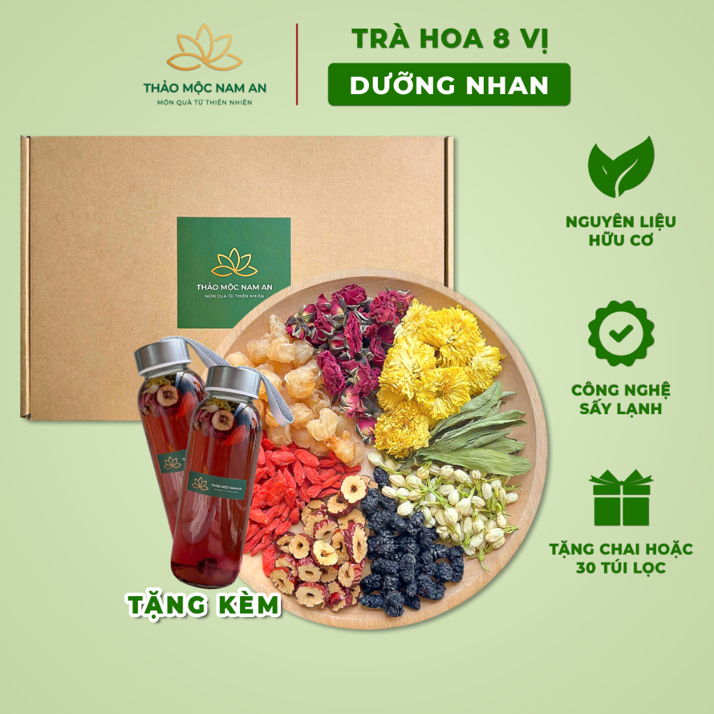 Trà Hoa 8 Vị Dưỡng Nhan (Hộp 30 Gói) Đẹp Da, Thanh Nhiệt, Mát Gan, An Thần Ngủ Ngon