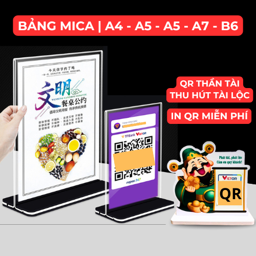 Bảng menu mica A4, A5, A6 , A7, B6. Bảng QR Code. Mica trong suốt cao cấp