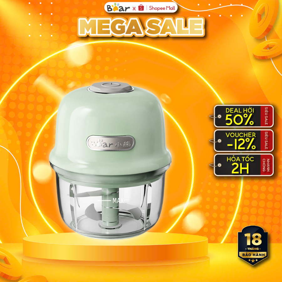 Máy xay tỏi ớt cầm tay mini 150 ml Bear QSJ-E40B1, Tích điện 1300mAh, 3 Lưỡi dao sắc bén,BH 18 Tháng