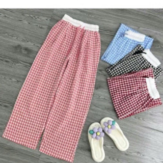 Quần kẻ caro ống rộng cạp trắng dành cho nữ