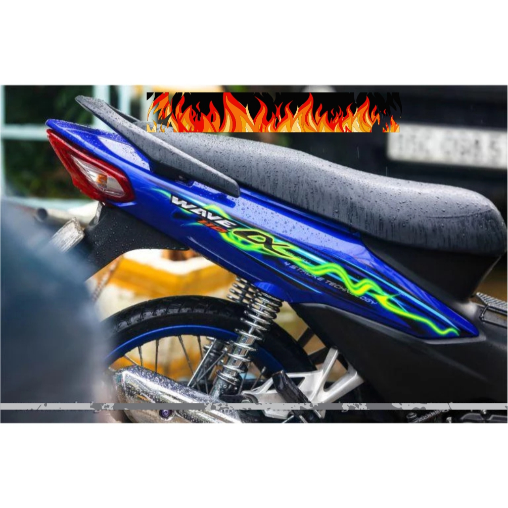 Tem rời Wave A 110 lửa xanh lá dán xe xanh dương đậm