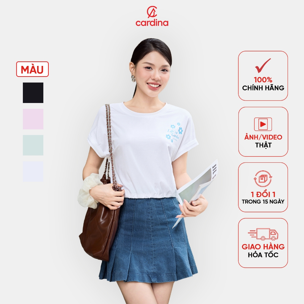 Áo phông nữ CARDINA chất liệu cotton thoáng mát kiểu dáng áo liền tay rút gấu 5ATC15