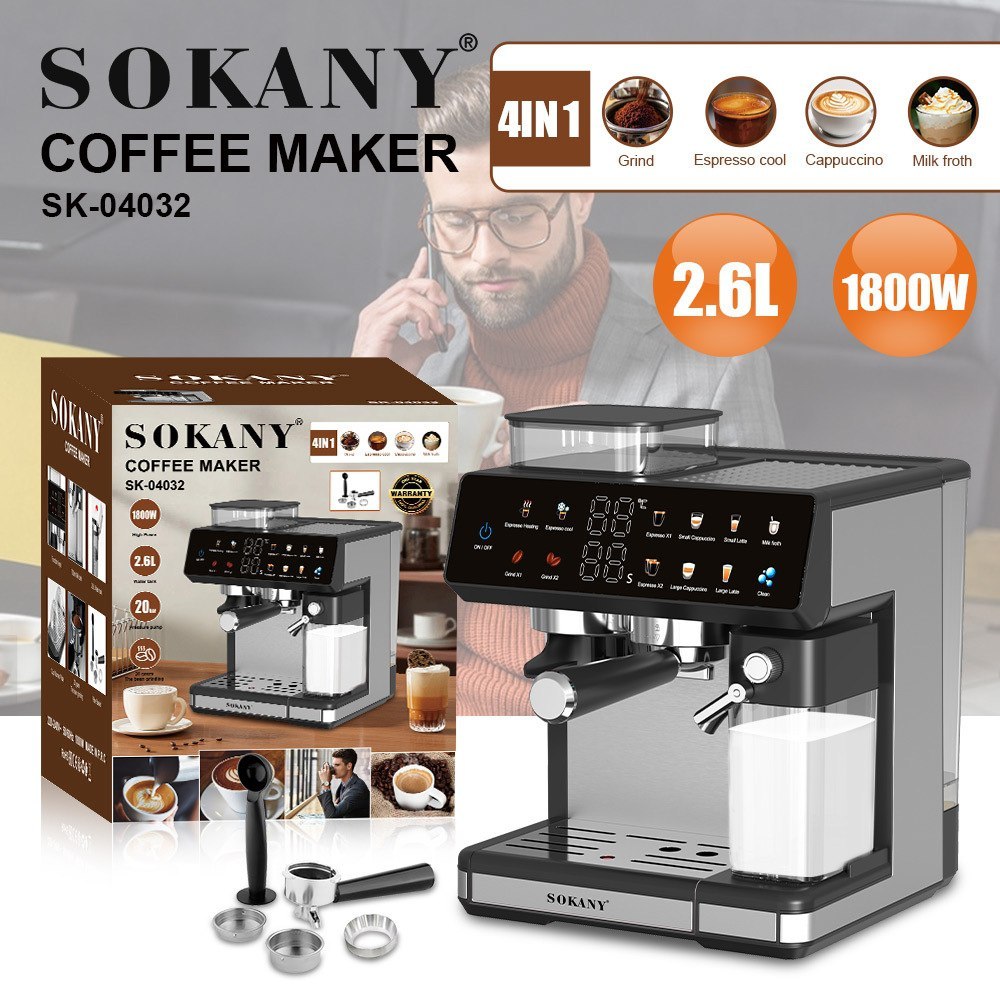  Máy pha cà phê xay hạt cafe tự động SOKANY SK-04032 tự động đánh sữa có nhiều tính năng pha chế dễ sử dụng tại nhà 