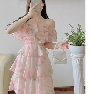 Đầm thời trang nữ đi chơi nhẹ nhàng chất lụa hoa trễ vai phối ngực bèo dáng váy maxi nhiều tầng