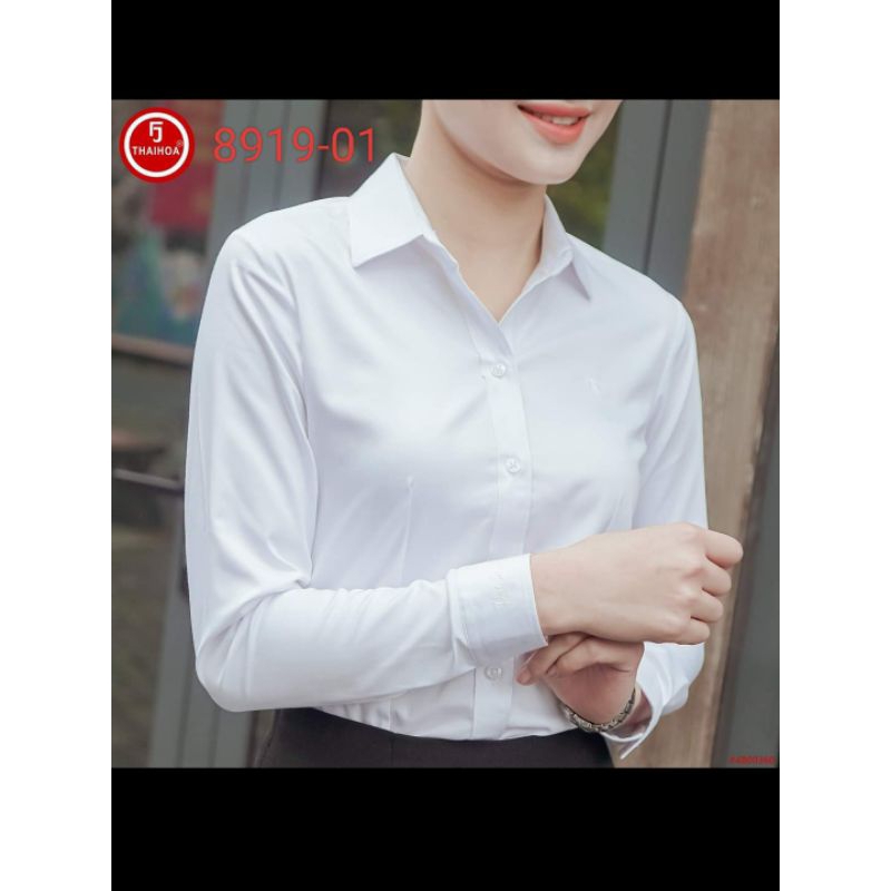 SỢI TRE CÓ SẴN.Áo sơ mi nữ Thái Hòa màu trắng mã 9021 và 8919 vải sợi tre co giãn
