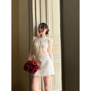 Set váy nữ ren áo dài tay cổ tròn họa tiết in nổi phối chân váy chữ A, set bộ đồ hai chi tiết tiểu thư bánh bèo