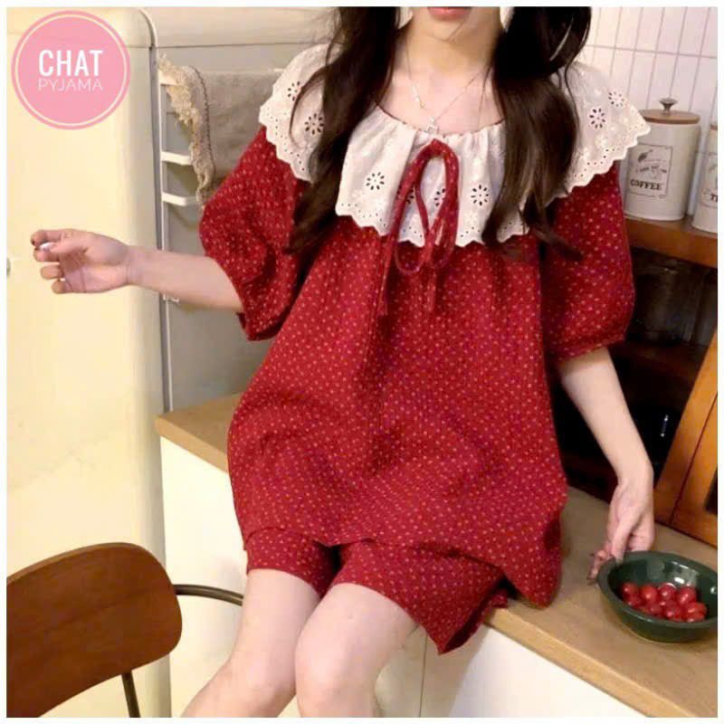 TN11 Bộ Pyjama đùi trễ vai hoa đỏ nhí siêu xinh