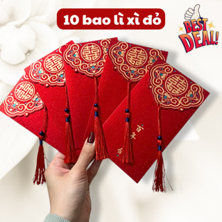 Combo 10 bao lì xì đỏ may mắn kèm tua rua giấy nhũ cao cấp, lì xì bê tráp, đám hỏi, đám cưới, tết