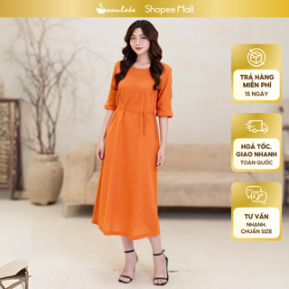 SWANLAKE | Váy Đầm Nữ Midi Suông Xếp Ly Ngực Cổ Tròn Tay Lỡ Dây Thắt Eo Vải Linen Công Sở D12123