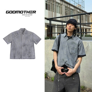 Áo Sơ Mi Wash Kẻ Sọc GODMOTHER Áo Sơ Mi Ngắn Tay Form Rộng Cotton Áo Sơ Mi Rách Tưa Cổ Bẻ Phong Cách Trẻ Trung Năng Động