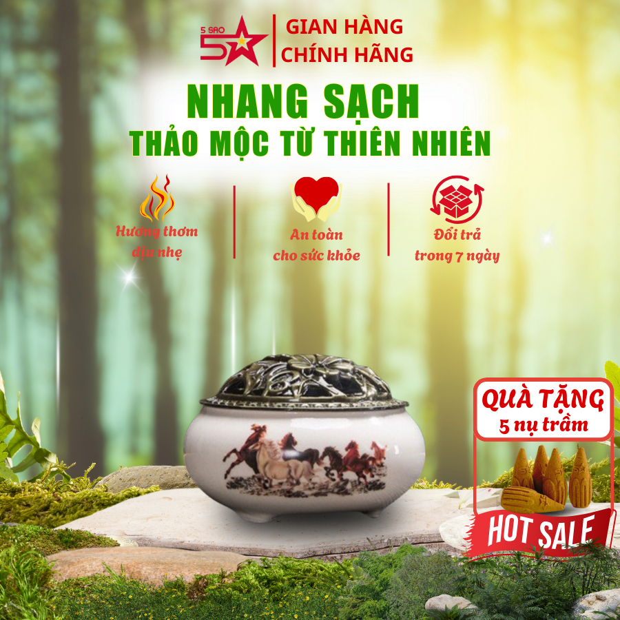 Lư Xông Nụ Trầm Hương Nhang Khoanh, Lư Sứ Cao Cấp - Tặng Kèm 5 Viên Nụ Trầm Hương