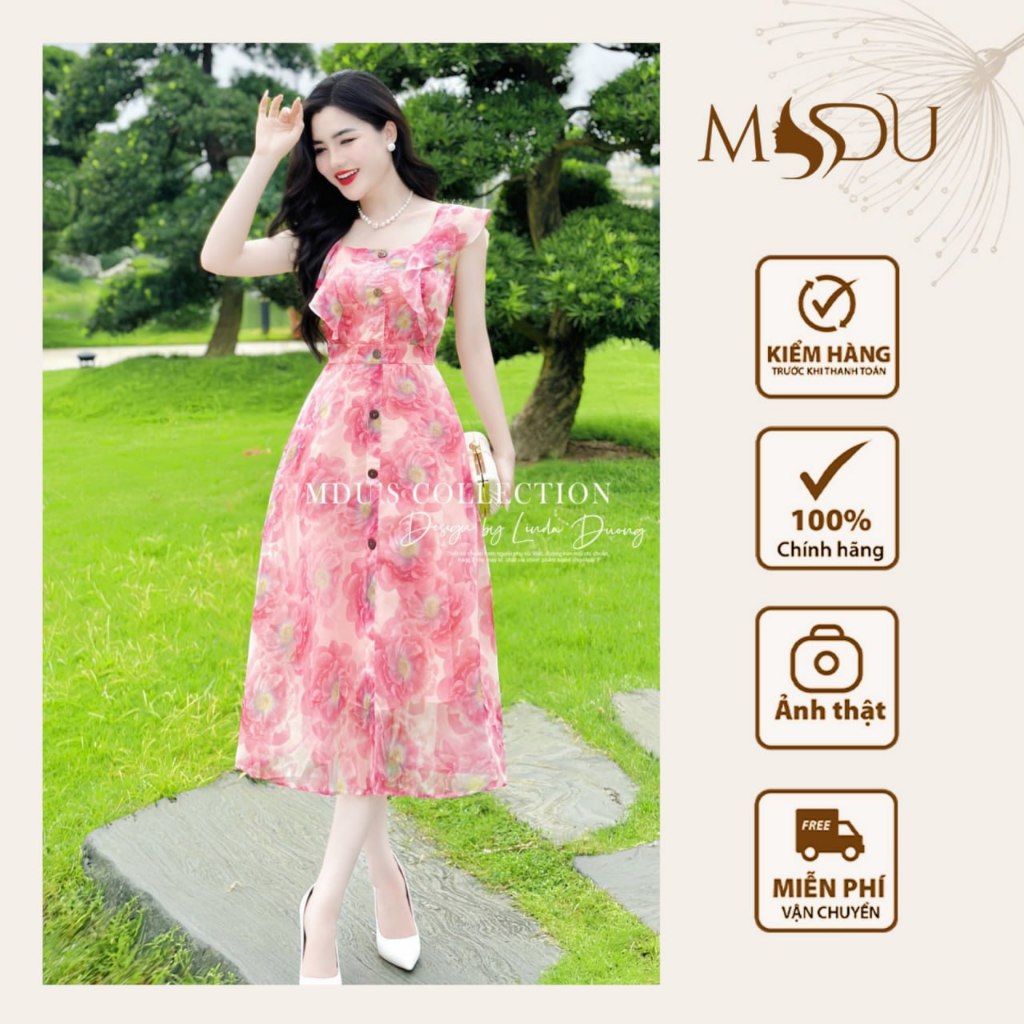 Váy Tiểu Thư MDU3037 Chất Tơ Hàn Dáng Xòe Nhẹ Hồng Nhạt Từ MDU K64-D1-3