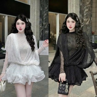  Đầm hot girl sang chảnh dáng ngắn xoè vải ren cao cấp cổ lọ gợn sóng dài tay eo bo chun   có kèm quần   