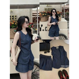 Set bộ đồ thời trang Nữ áo sát nách cổ tim nút trơn đơn giản phối quần đùi ống rộng chất jeans cứng chuẩn form