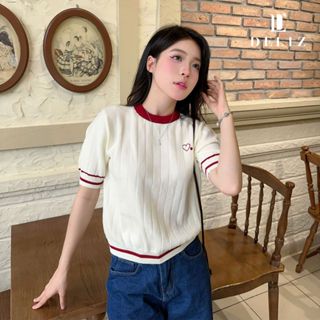 Áo len lông thỏ cộc tay mùa hè cổ tròn phối viền đỏ kẻ sọc hình thêu trái tim ALC07 thiết kế DELIZ