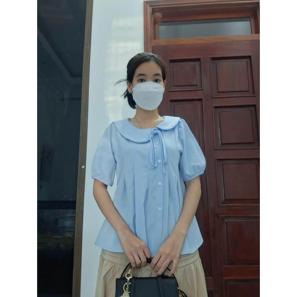Áo kiểu babydoll cổ sen cúc lệch xếp ly ngực tay phồng phong cách Hàn Quốc phù hợp đi học đi làm đi chơi | BigBuy360 - bigbuy360.vn
