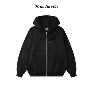 Áo Hoodie Zip ROSS STUDIO Đen Nỉ Chân Cua 440gsm Logo In Nhung - Full Zip Hoodie Basic