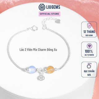  Lắc Tay Bạc Nữ 2 Viên Liugems Đá Tự Nhiên Mix Charm Treo Đồng Tiền Mang Lại May Mắn Tài Lộc VB49 