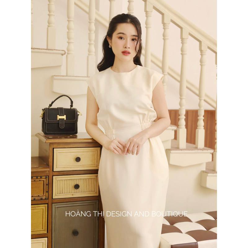 Váy thiết kế chiết thun eo tôn dáng sát nách kèm cầu vai lạ mắt phong cách thanh lịch Hoàng Thị Boutique