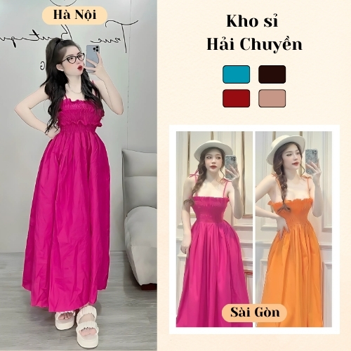 Đầm 2 dây maxi dài đan cột nơ lưng hottrend Kho Sỉ Hải Chuyền