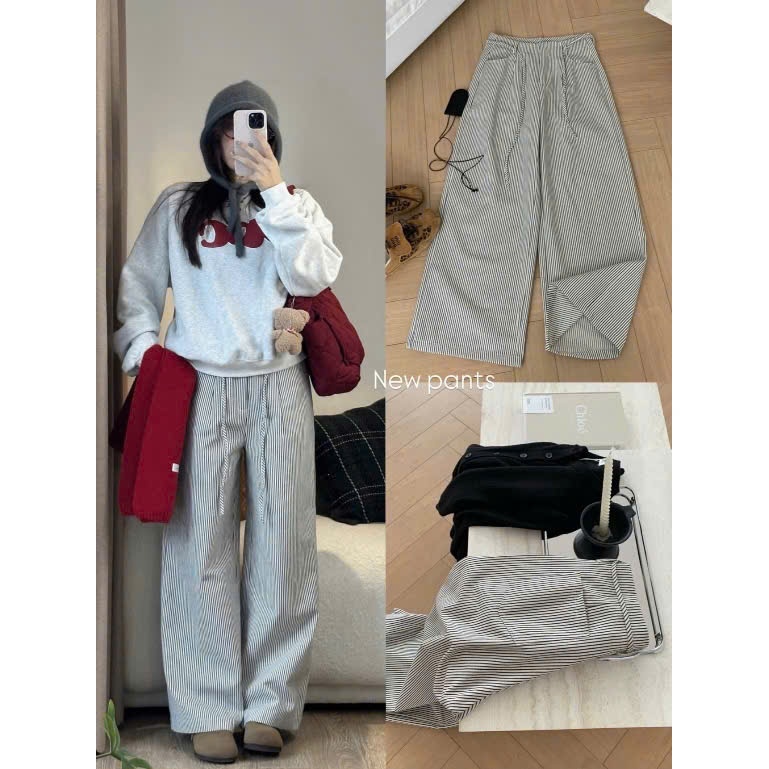 V86 Quần Dài Ống Rộng Nữ Kẻ Sọc Phối Dây Belt 21ROOM Chất Kate Dày Đứng Form Basic Dễ Phối Đồ