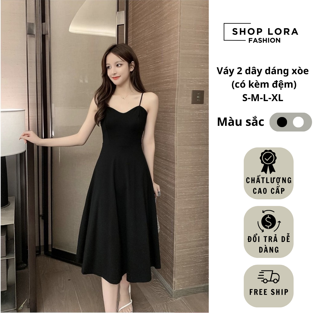 Váy 2 dây dáng xòe màu đen/trắng phù hợp cho đi dự tiệc chất vải tuyết mưa cao cấp - SHOPLORA