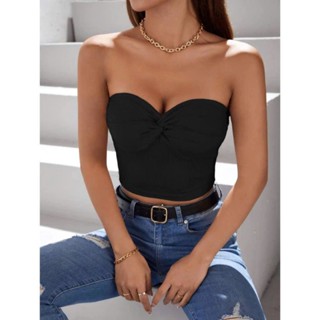  Áo ống form croptop xoắn ngực ngực vải thun gân Tắm lụa cao cấp có big size có mút ngực 