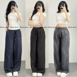 Quần kẻ sọc ống rộng dáng suông cạp chun bigsize RSun, Quần suông dài kẻ sọc lưng cao 412