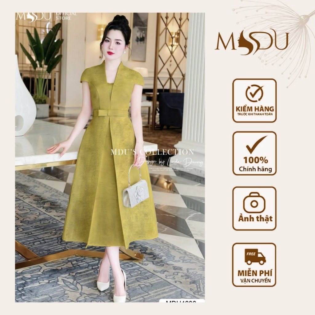 Váy Thiết Kế MDU4606 Dáng Dài Xòe Nhẹ, Gam Màu Xanh Oliver Ánh Vàng Kết Hợp Cổ Chữ V Mềm Mại Từ MDU