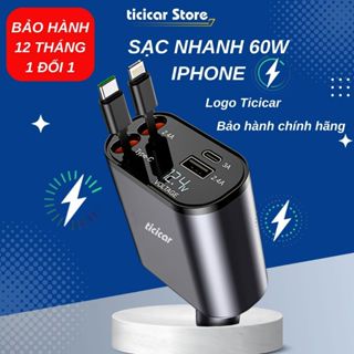 Bộ Tẩu Sạc Nhanh Ô Tô Thế Hệ Mới, Củ Sạc Oto 4in1, Dây Thu Rút Dài 80cm. Cổng Type C, Lightning, USB