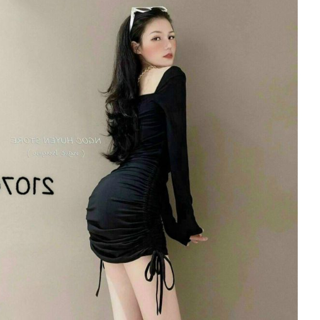 *Đầm BoDy rút dây 2 bên thời trang nữ mặc đi chơi chất liệu Umi cổ vuông tay dài ôm sát mini