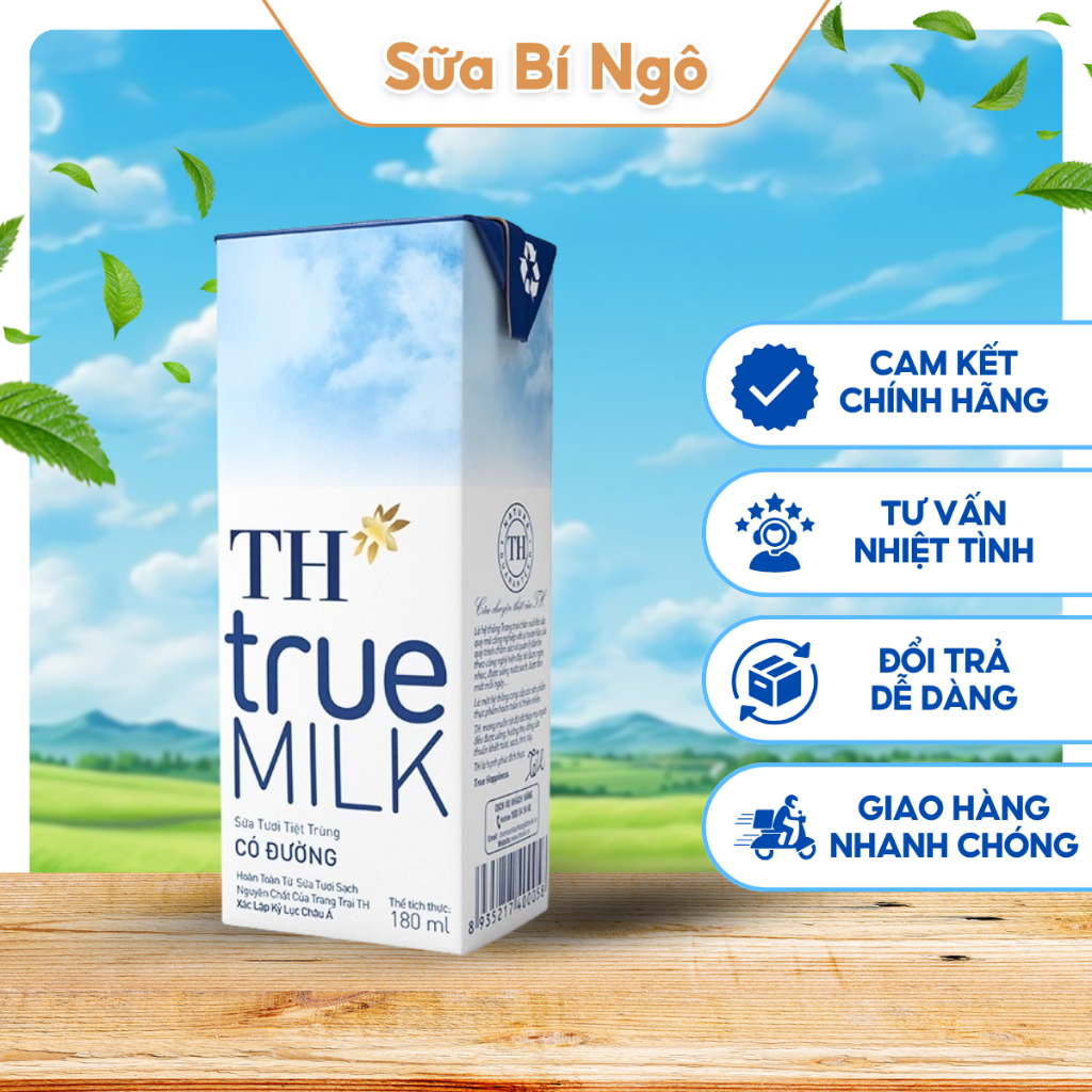 Sữa Tươi TH True Milk Có Đường  180ml - Sữa Tươi Nguyên Chất, Hương Vị Thơm Ngon Hộp 180ml