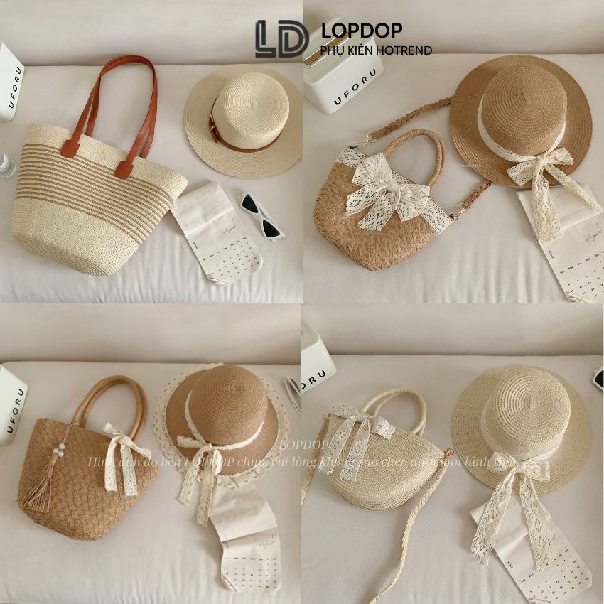 [MỞ BÁN]Combo Túi Mũ Cói Quai Da Sành Điệu, Mũ Đai Da Sang Trọng Kiểu Dáng Vintage Màu Nâu Be T16M01 LOPDOP