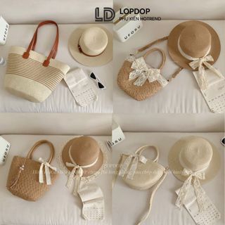 [MỞ BÁN]Combo Túi Mũ Cói Quai Da Sành Điệu, Mũ Đai Da Sang Trọng Kiểu Dáng Vintage Màu Nâu Be T16M01 LOPDOP