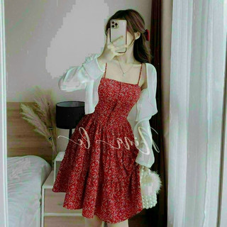 Đầm xòe thời trang nữ mặc đi chơi chất lụa khoác gân tay dài đầm hoa 2 dây có mút ôm eo xép ly xòe mini