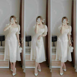 Đầm thời trang tay bèo chất voan cổ vuông có mút ngực ôm eo váy xòe maxi