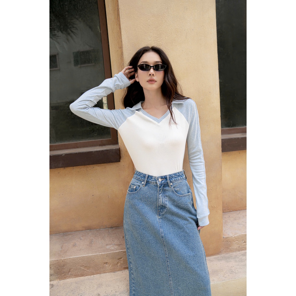 [BST BARE SUMMER] Áo thun tay dài cổ tim phối màu BASIC LYZ TOP