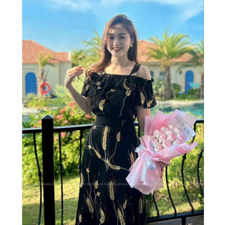 *Đầm Voan họa tiết siêu xinh màu y hình thời trang nữ mặc đi dự tiệc cổ dây tay bèo ôm eo dài maxi