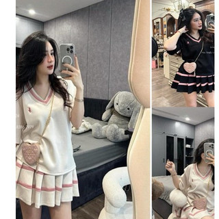 SET ĐỒ NỮ, ĐỒ BỘ NỮ SANG CHẢNH - Set váy áo nữ cổ V phối viền màu kèm chân váy xếp ly hot girl chất liệu cotton mềm mịn