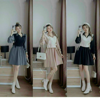 Đầm nữ thời trang mặc đi chơi chất cotton lạnh cổ sơmi tay dài váy xép ly kèm áo khoác borip bên trong dễ thương