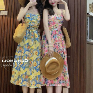 *Đầm voan hoa thời trang nữ mặc đi dự tiệc 2 dây nhún ngực có mút chạy making ôm eo maxi 2 màu y hình