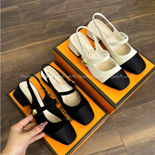 Giày cao gót mũi vuông vá chất tuyết nhung hở gót, gót vuông 3p quai ngang full hộp ( AH22 )