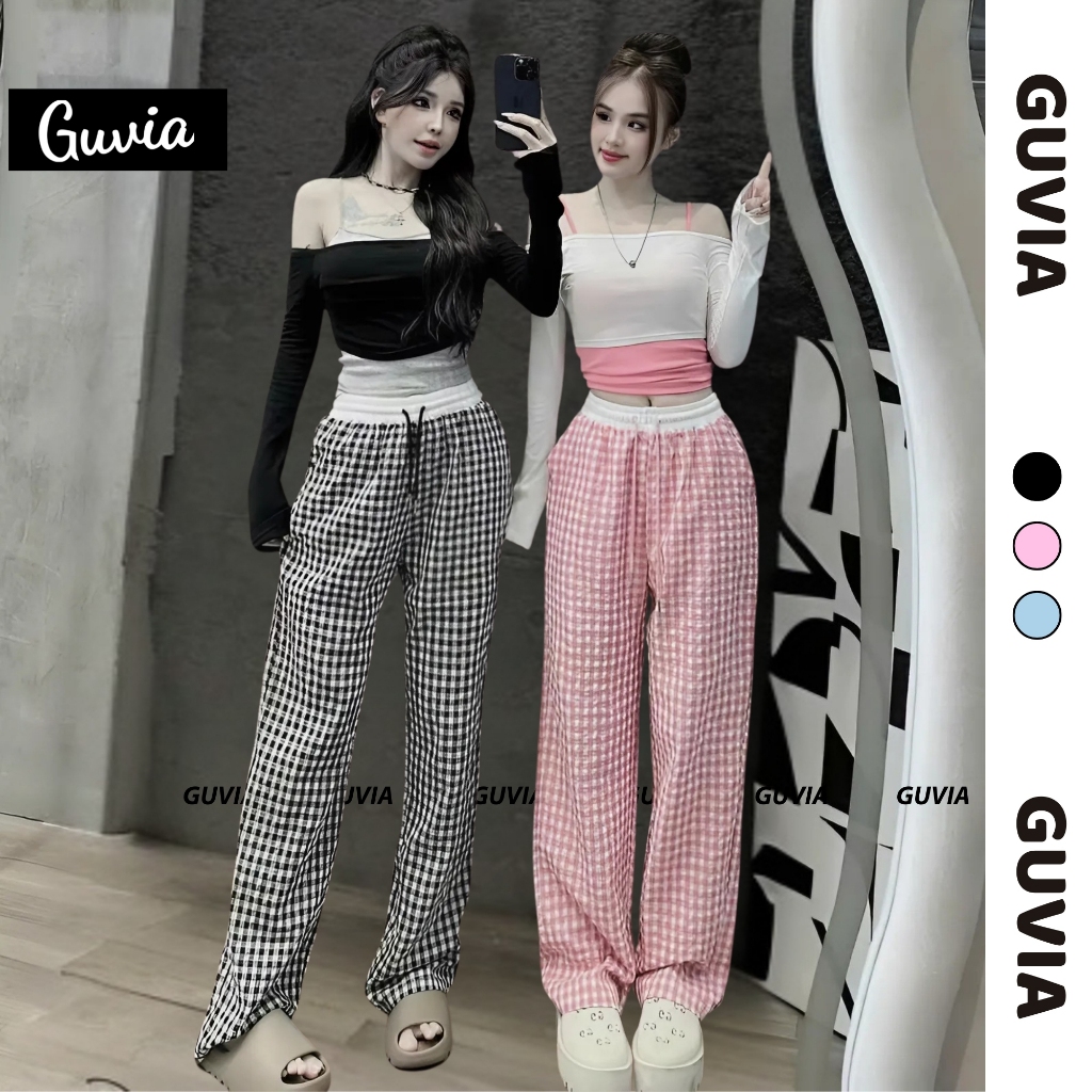 [Xả hàng] Quần Ống Rộng Sọc Caro Cạp Trắng Lưng Cao, Quần Dài Nữ Ống Suông Tôn Dáng GUVIA QU31