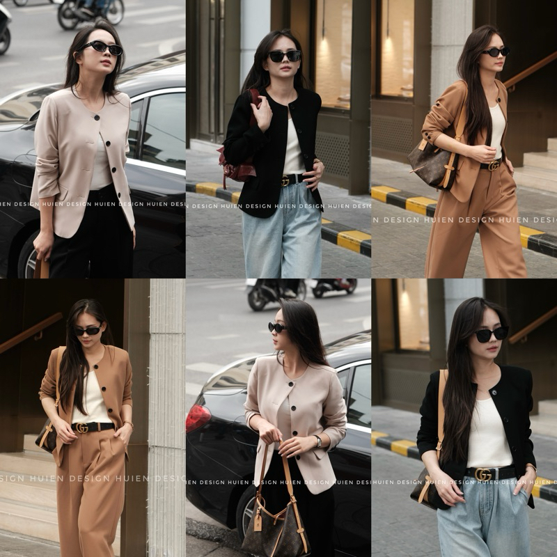 Áo blazer nữ 2 lớp dáng dài cổ tròn Huien Design thời trang công sở trẻ trung form Hàn Quốc màu sắc