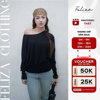 [ẢNH THẬT] Áo Thun Lệch Vai Tay Dài Nữ, Áo Thun Form Rộng Bo Tay Chất Cotton Len Mỏng - Feliza Clothing