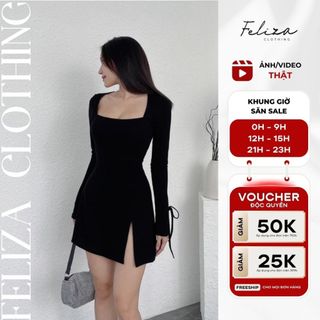 [ẢNH THẬT] Đầm Cổ Vuông Tay Dài Loe, Đầm Nữ Chất Lụa Thun Co Giãn, Dáng Dài Tùng A Xẻ - Feliza Clothing