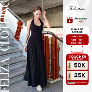 [ẢNH THẬT] Đầm Maxi Dáng Dài Cổ Yếm Xòe Rộng, Váy Maxi Thun Cotton Mềm Co Giãn, Che Bụng Che Đùi - Feliza Clothing