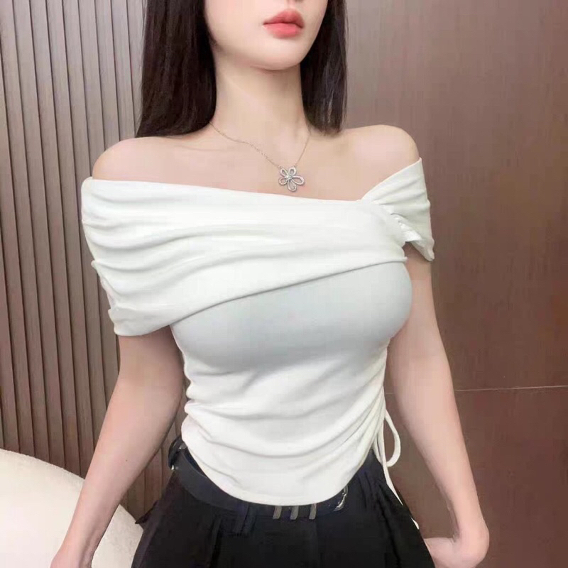 [CÓ SIZE] Áo Trễ Vai Croptop RANSHI Phối Dây Rút Eo Ôm Body Cho Nữ Chất Tăm Thái Bền Mát Áo Lệch Vai-173 | BigBuy360 - bigbuy360.vn