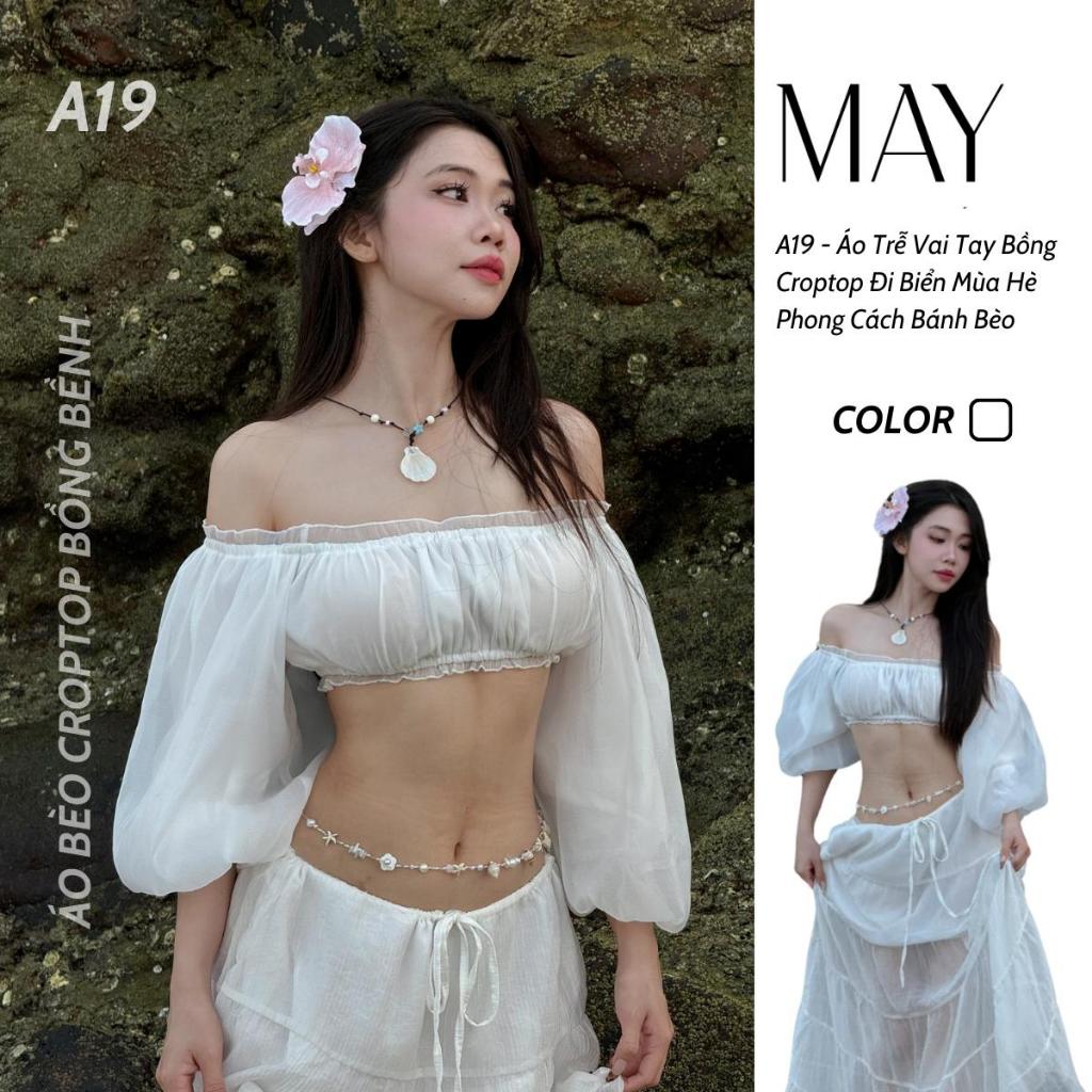 A19 - Áo Trễ Vai Tay Bồng Croptop Đi Biển Mùa Hè Phong Cách Bánh Bèo | BigBuy360 - bigbuy360.vn